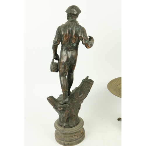 57 - A pair of Spelter Figures, 'L'Agriculture' 18'' (46cms), together with a brass Table Centre, on four... 