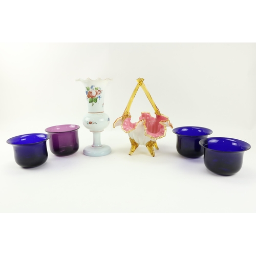 79 - An attractive pink, white and amber glass Bowl, a milk glass floral decorated Vase, and four Bristol... 