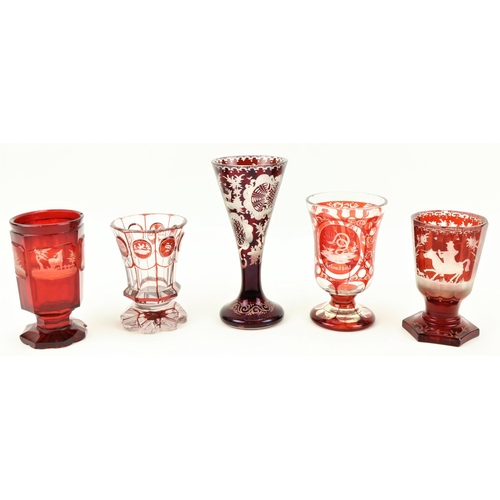 80 - A collection of five etched and engraved 19th Century Bohemian glass Goblets & Glasses.  (5)... 