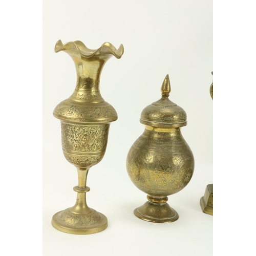 111 - A pierced and embossed Oriental brass Incense Burner and Cover, and two pairs of Benares brass Vases... 