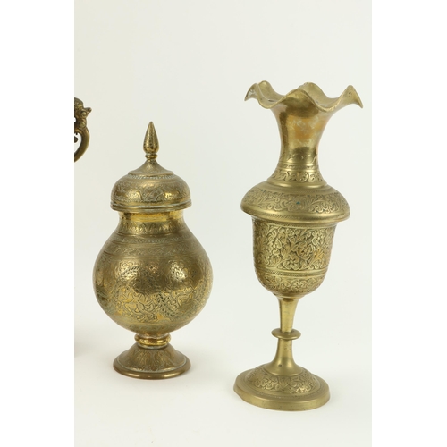 111 - A pierced and embossed Oriental brass Incense Burner and Cover, and two pairs of Benares brass Vases... 