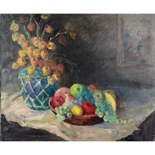 116 - 19th Century American School'Still Life with Vase, of Chinese Lanterns and a Bowl of Fruit,' O.O.C.,... 