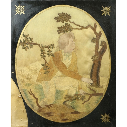 135 - An early 19th Century silk Needlework  Picture, depicting 'Shepherdess by a Tree,' tondo 12'' (30cms... 