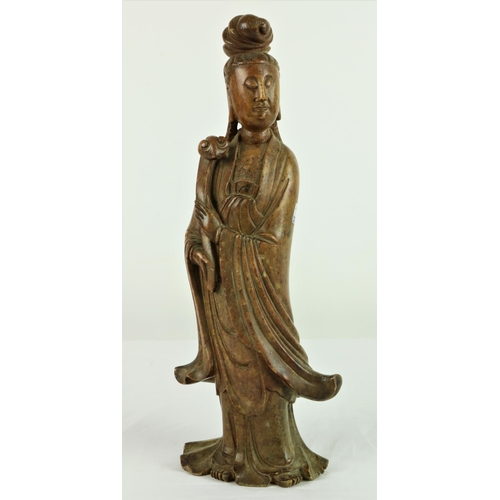 152 - A 19th Century Oriental carved marble Female Figure, with etched decoration to reverse, (repair to h... 