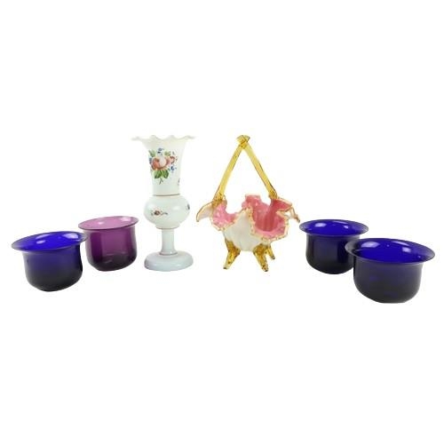 79 - An attractive pink, white and amber glass Bowl, a milk glass floral decorated Vase, and four Bristol... 