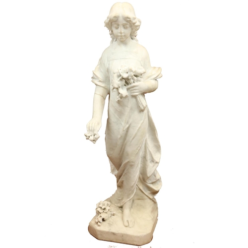 406 - A fine late 19th Century white carved marble Figure of a young Lady in Medieval attire holding a bou... 