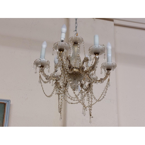 449 - A suite of 3 - 8 branch crystal Chandeliers, decorated with multiple droplets and links (O.R.M.), ea... 