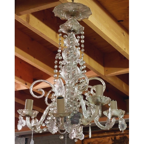 450 - A 19th Century Continental 'Murano' type five branch glass Chandelier, with scroll arms and droplets... 