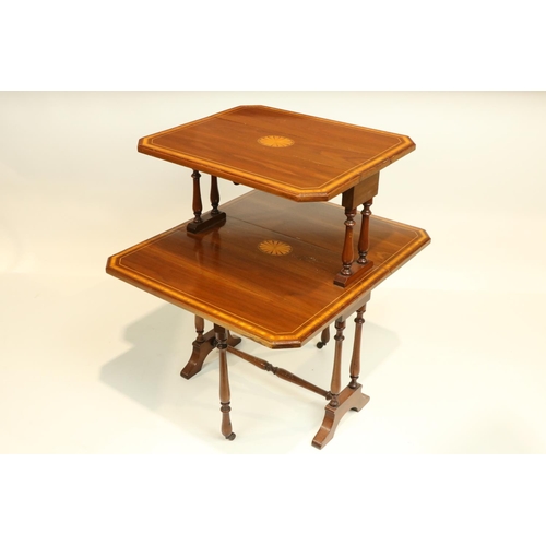 461 - An inlaid walnut two tier Sutherland Table, with satinwood banding, each tier inlaid with an oval fa... 