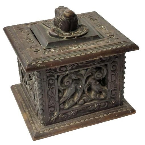 431 - An early German oak carved and pierced Nuremberg type Alms Box, with lift top depicting cherub ... 