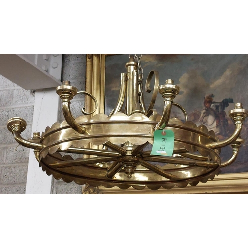 453 - A large matching pair of heavy brass 8 lamp wheel shaped Ceiling Lights, with scroll decoration, app... 