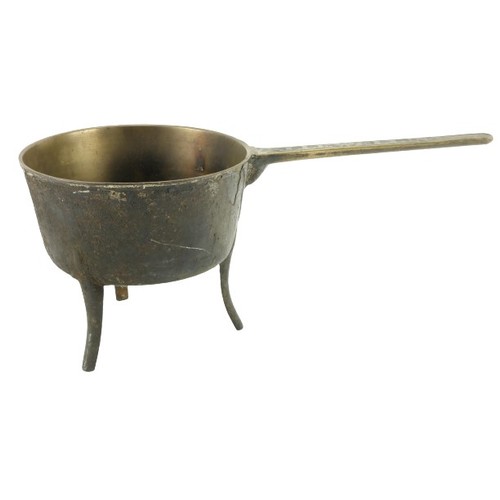 418 - A heavy bronze 19th Century Welsh Skillet Pot/Saucepan, the long handle inscribed 'P. Llewellin,' ov... 