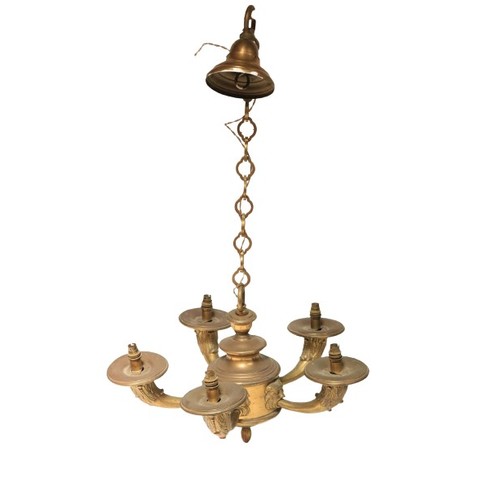 448 - A fine quality Georgian style five branch ormolu Ceiling Light, the bulbous centre moulded with grot... 