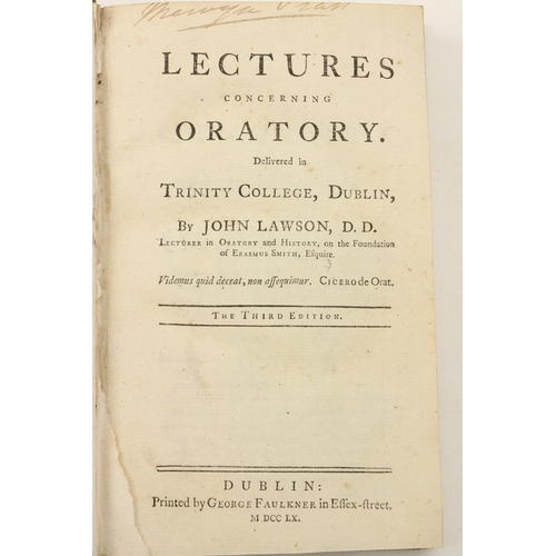 285 - Lawson (John) Lectures concerning Oratory, Delivered in Trinity College, Dublin. 8vo D. 1760. Third,... 