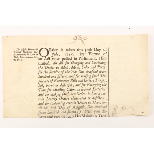 831 - Manuscript: Walpole (Right Honourable Robert), a manuscript Note Signed and dated from the Pay Offic... 