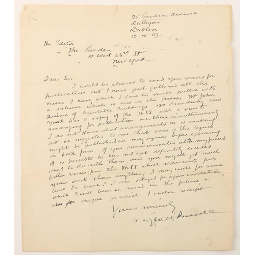 833 - Manuscript: Russell (George W.) aka 'A.E.', a manuscript letter dated 12.10.03 to the editor of 'The... 