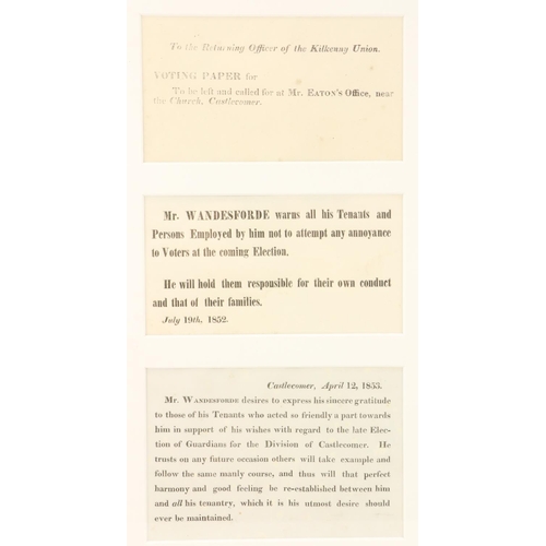 845 - Castlecomer interest: Three small printed Broadsides, mounted in one from Mr. Wandesford, Warns and ... 