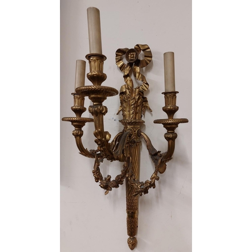 161 - A good pair of cast brass three branch Wall Lights, each modelled as a quiver of arrows with rosette... 