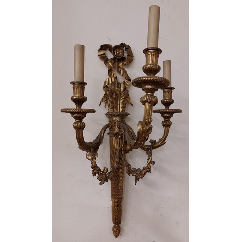 161 - A good pair of cast brass three branch Wall Lights, each modelled as a quiver of arrows with rosette... 