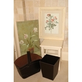 A brown faux leather Wastepaper Bin, a similar oval Basket, a square painted Stool, a coloured Print... 