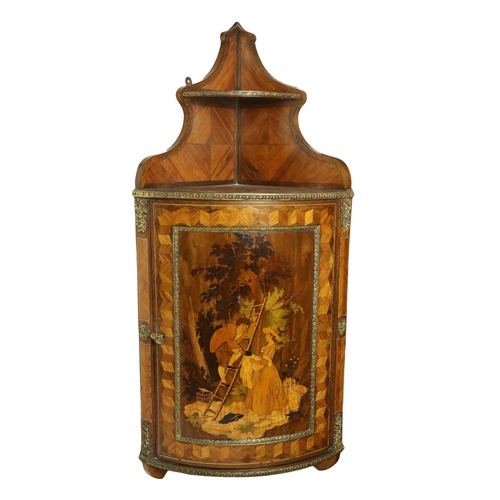 189 - An exceptional pair of late 19th Century French kingwood and marquetry Hanging Corner Cupboards, wit... 