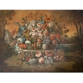 Late 18th Century Flemish School Still Life, a large 'Colourful Basket of Flowers, with landsca... 