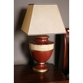 A good set of 3 vase shaped red Table Lamps, each with parchment band and square tapering shade. (3)... 