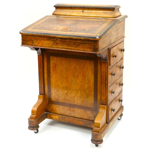 530 - A Victorian slope top inlaid and crossbanded walnut Davenport, with pen and stationary compartment, ... 