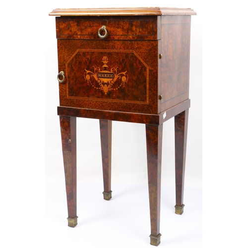 534 - A fine French style inlaid and marquetry birds-eye walnut Bedside Pedestal, with marble top above fr... 