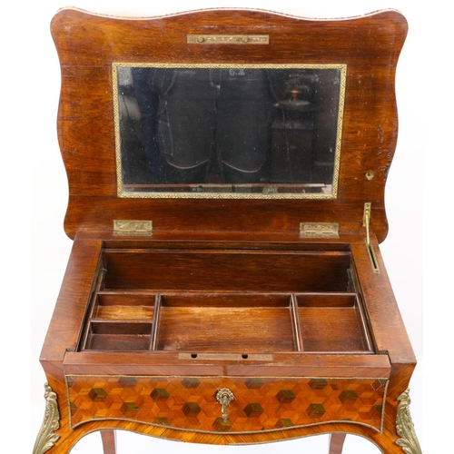 76 - A fine French brass mounted and kingwood banded and serpentine shaped parquetry Ladies Vanity Table,... 