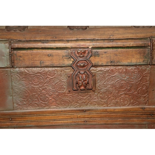 85 - A very large leather and wooden bound Steamer Trunk, with brass studs and two leather carrying handl... 