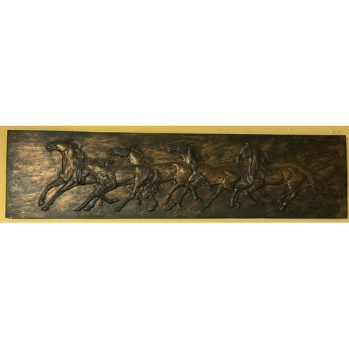 146 - A rectangular gilt bronzed Relief, depicting Farriers shoeing Horse by a barn, approx. 34cms x 48cms... 