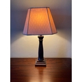 A set of 3 mahogany Table Lamps, each with reeded stem on square stepped base and attractive cream s... 