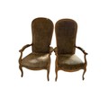 A pair of French style beech high back Armchairs, each with padded back and seat on front cabriole l... 