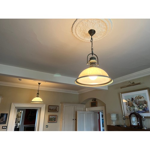 523 - A pair of Art Deco style domed glass and brass Ceiling Lights. (2)