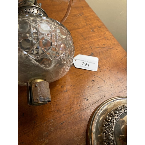 191 - A set of 3 late 19th Century silver plated Candlestick Oil Lamps, with cutglass reservoirs, 32cms (1... 