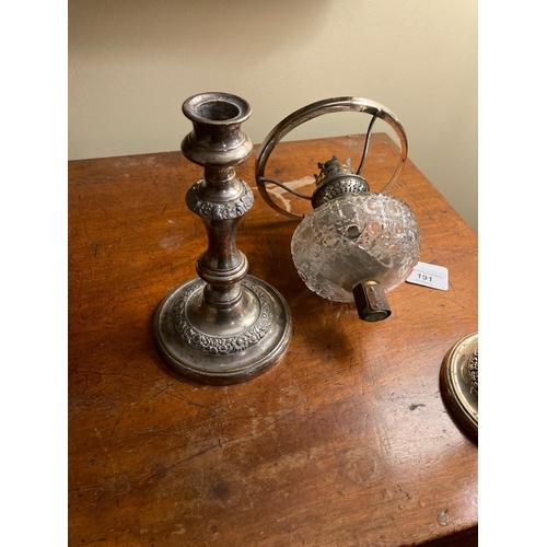 191 - A set of 3 late 19th Century silver plated Candlestick Oil Lamps, with cutglass reservoirs, 32cms (1... 