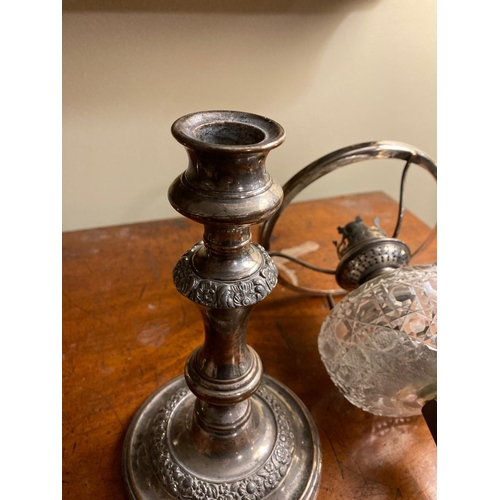 191 - A set of 3 late 19th Century silver plated Candlestick Oil Lamps, with cutglass reservoirs, 32cms (1... 