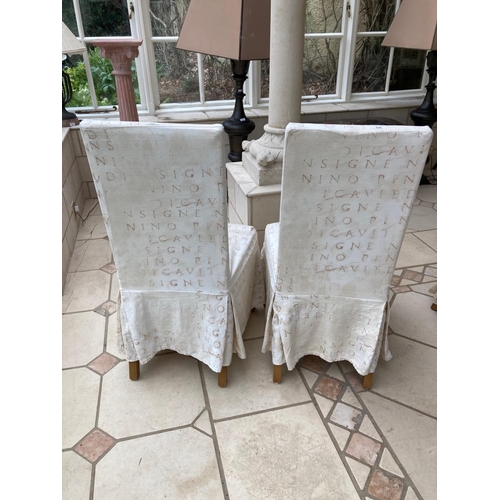 539 - A good set of 10 Dining Chairs, covered in beige fabric by the Sofa Factory, each with tall padded b... 