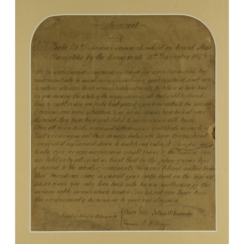 436 - Testimonial from Grateful Passengers, 1876 to New ZealandManuscript: A Testimonial to J.J. Tighe, M.... 