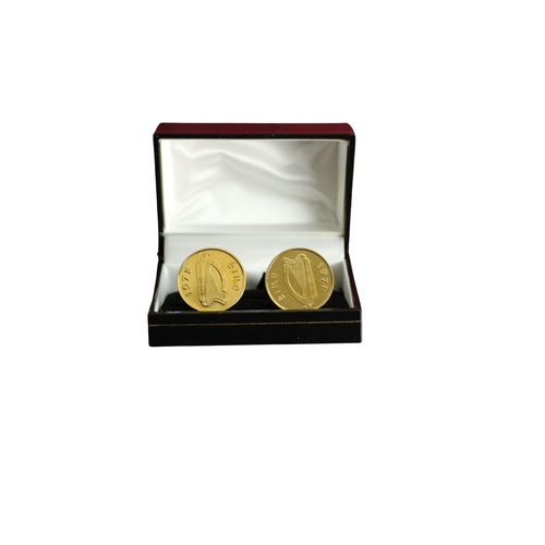 1107 - Coins:  A pair of 'Taurus' 5p Irish Coins - Eire 1971 & 1978, gilded, converted to cufflink, cas... 