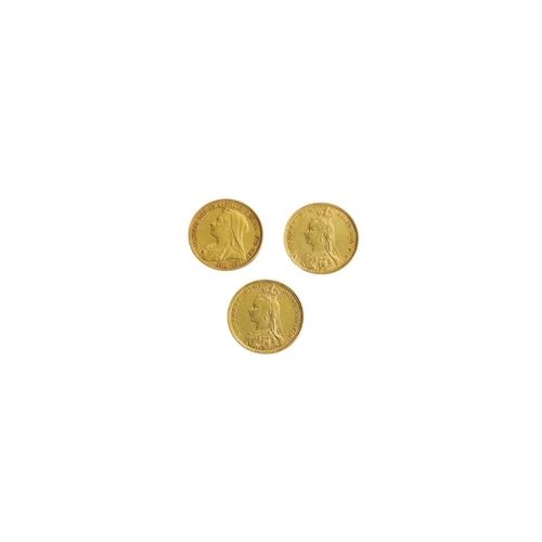 1085 - Coins: Sovereigns:   1892, 1893 and 1897 Jubilee head Queen Victoria full Sovereigns, all good. As c... 