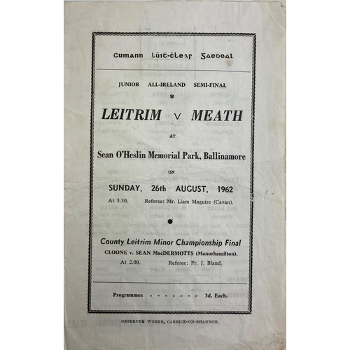 1181 - Programme:  G.A.A. 1962,  Junior All-Ireland Semi-Final, Leitrim v. Meath at Sean O'Heslin Memorial ... 