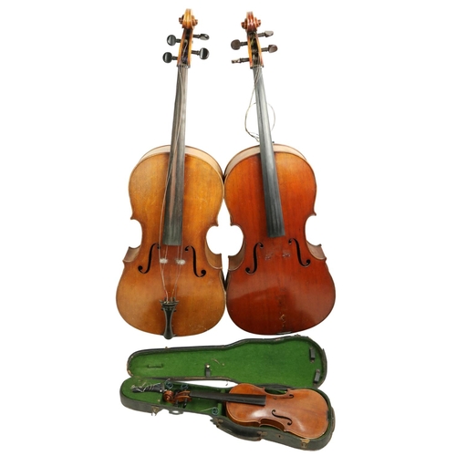 Two early Concert Cellos, each approx. 125cms (49') long, as musical instruments, w.a.f. together with a cased Violin, as is, approx. 60cms (23 1/2'') long. (3)
