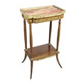 A small French two tier brass mounted Side Stand, with rouge marble top and pierced brass gallery ab... 