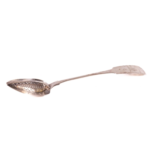 88 - An Irish George III silver Straining Spoon, crested fiddle pattern with pierced divider to the bowl ... 