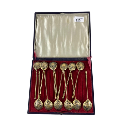 61A - A set of 12 fine Russian Imperial Niello work and silver gilt Caviar Spoons, makers mark B.C. 84 mar... 