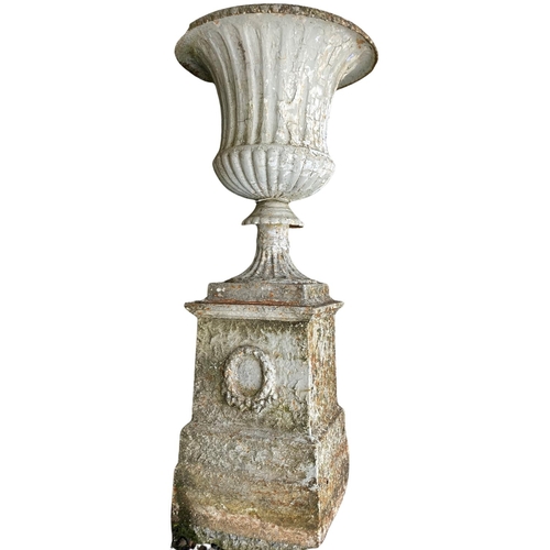 1384 - A very large pair of early 19th Century cast iron Garden Urns and plinths, each of campana form with... 