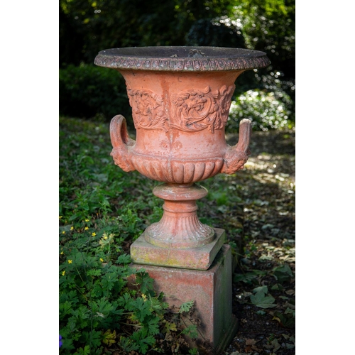 1380 - A very good pair of campana shaped terracotta Garden Urns, each with egg and dart folded rim above a... 