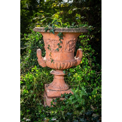 1380 - A very good pair of campana shaped terracotta Garden Urns, each with egg and dart folded rim above a... 